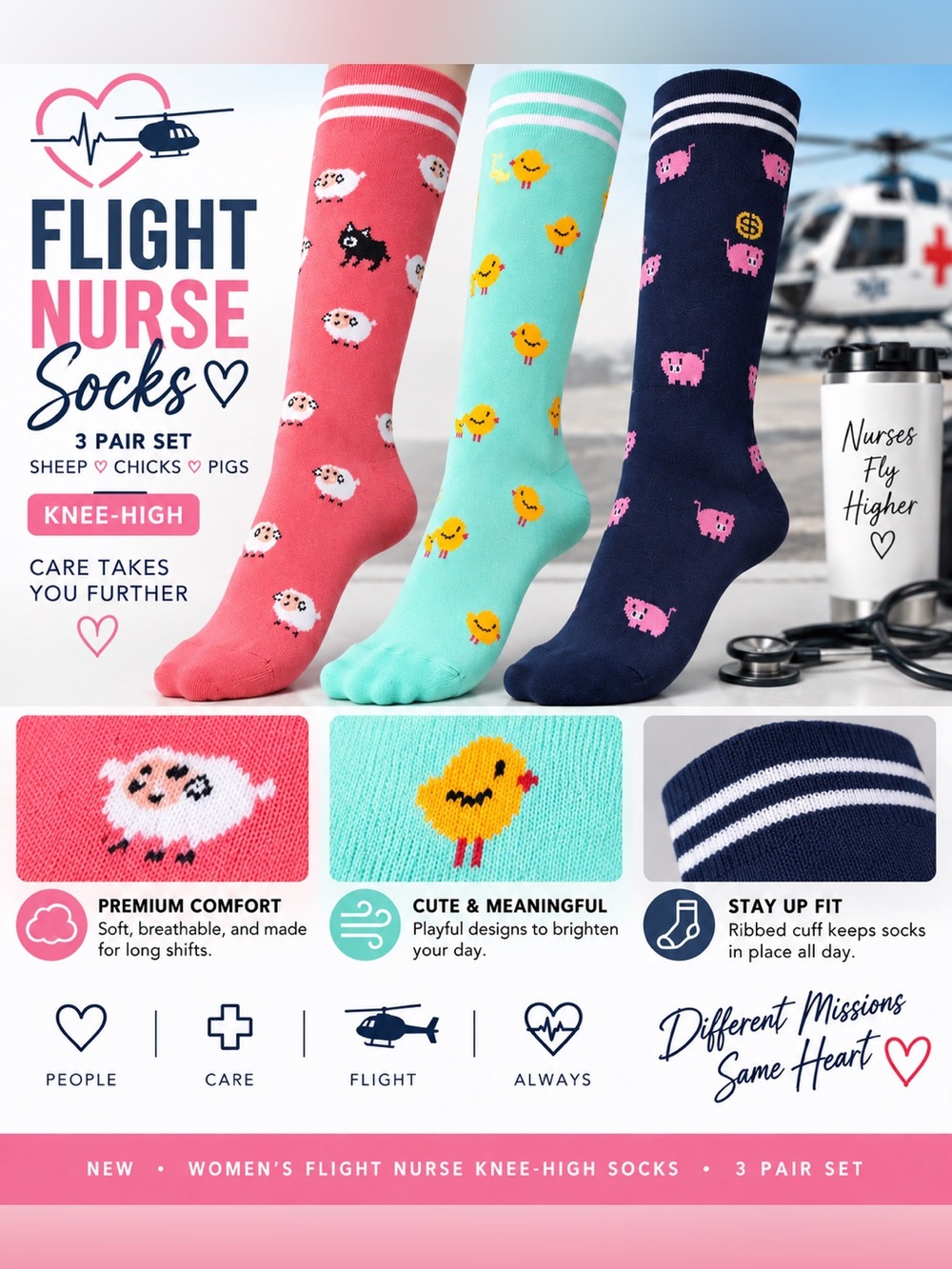 NEW Women’s Flight Nurse Knee-High Socks – 3 Pair Set – Sheep, Chicks & Pigs.